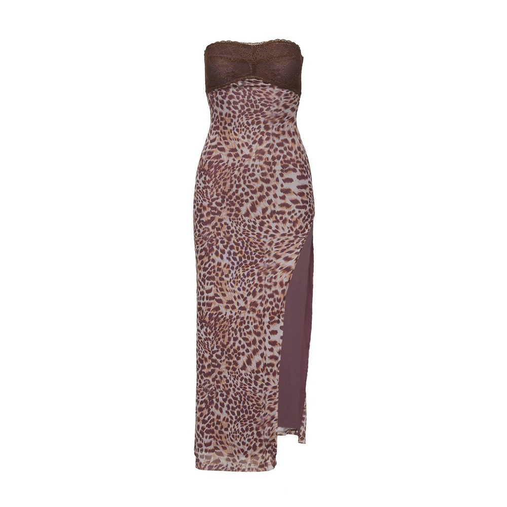 Festival Western Y2K Strapless Maxi Dress Leopard Print Lace Trim Brown US 6 - Picture 3 of 6